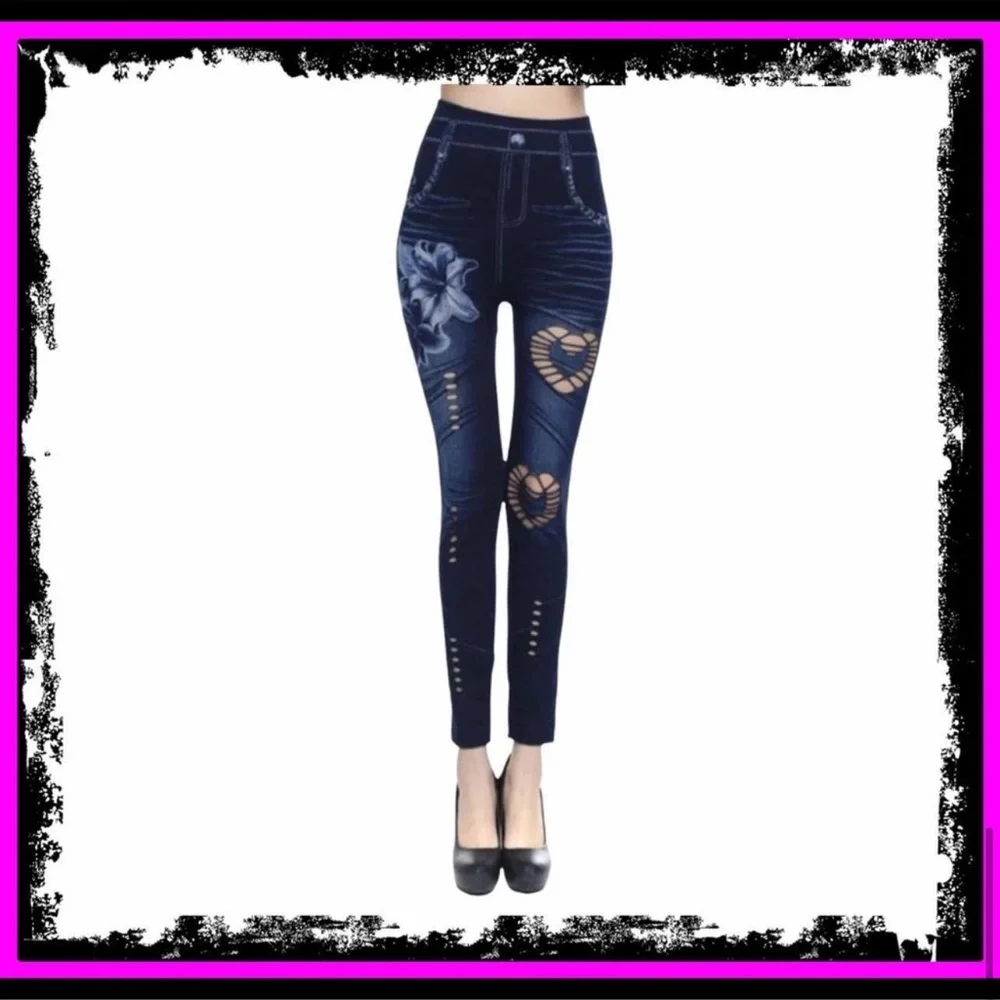 New Sick Fashion Heart Stretchy Jean Style Leggings Lily Hollow Seconds - Picture 7 of 9